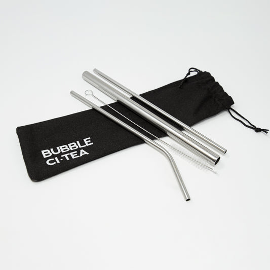 Picture of a pack of stainless steel straws over a black cotton bag with bubble citea logo.  